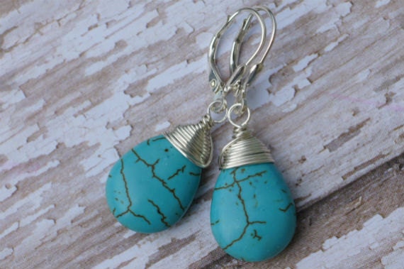 Sterling Silver Wire Wrapped Turquoise Drop Earrings