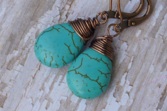 Copper Wire Wrapped Turquoise Teardrop Earrings