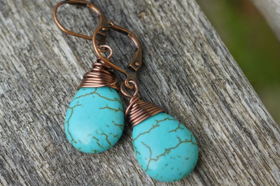 Copper Wire Wrapped Turquoise Teardrop Earrings