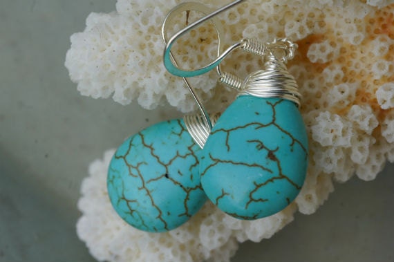 Turquoise Teardrop Earrings: Sterling Silver Plated, Wire Wrapped