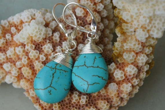 Sterling Silver Wire Wrapped Turquoise Drop Earrings