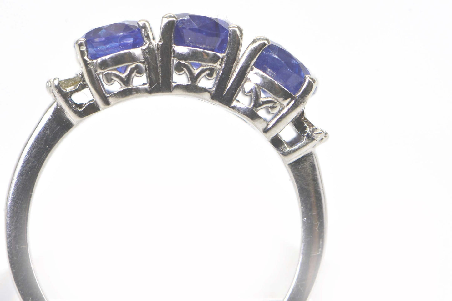 Blue Sapphire & Diamond Three Stone Ring, 14K White Gold Over Sterling Silver