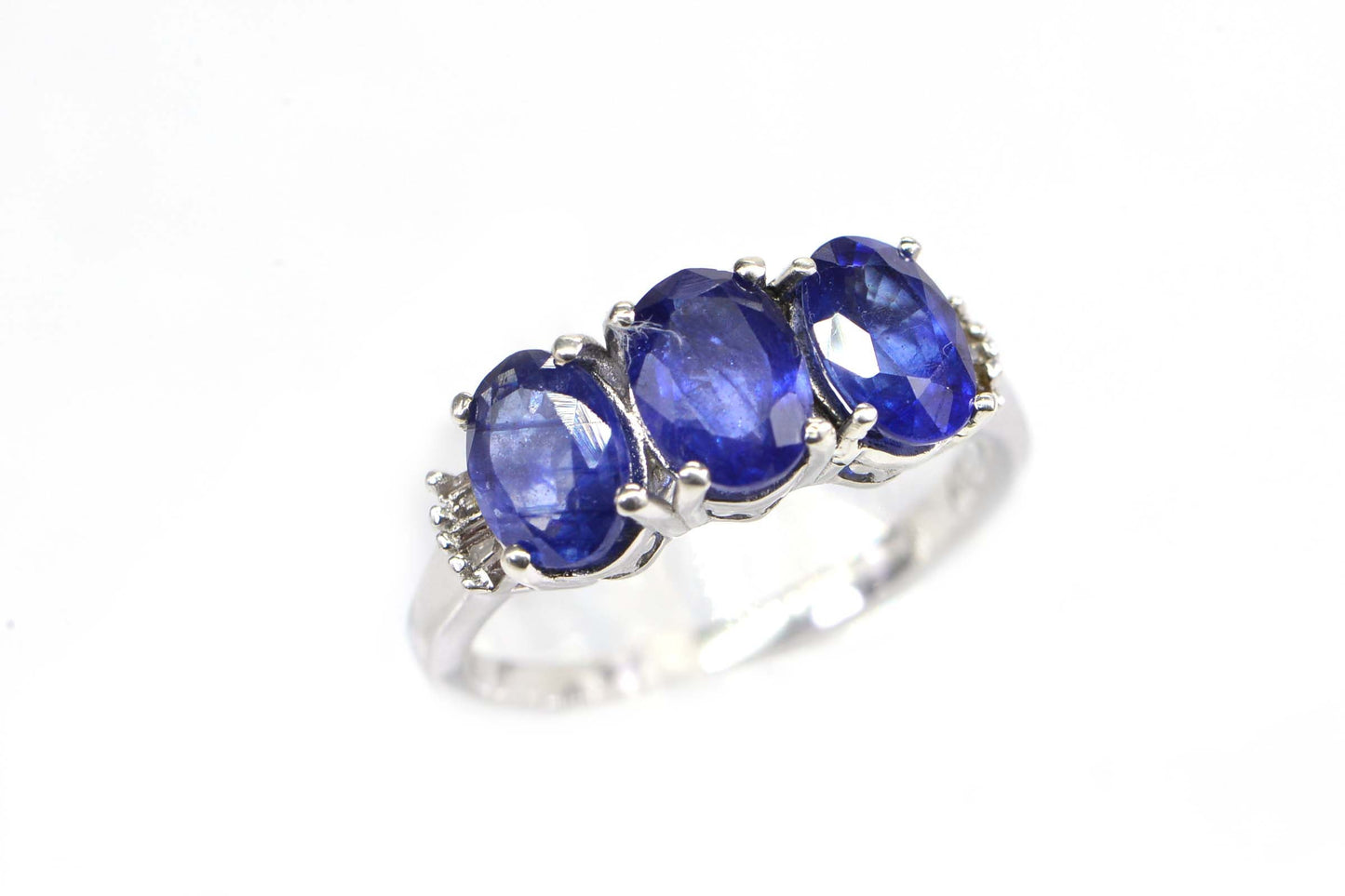 Blue Sapphire & Diamond Three Stone Ring, 14K White Gold Over Sterling Silver