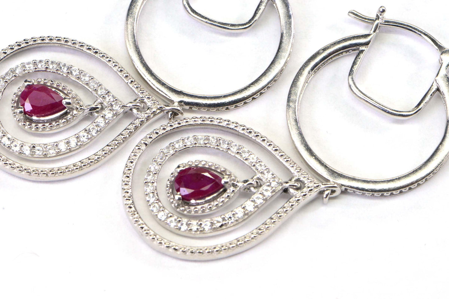 Ruby Pear Drop Hoop Earrings: Diamond Accent, Sterling Silver, July Birthstone