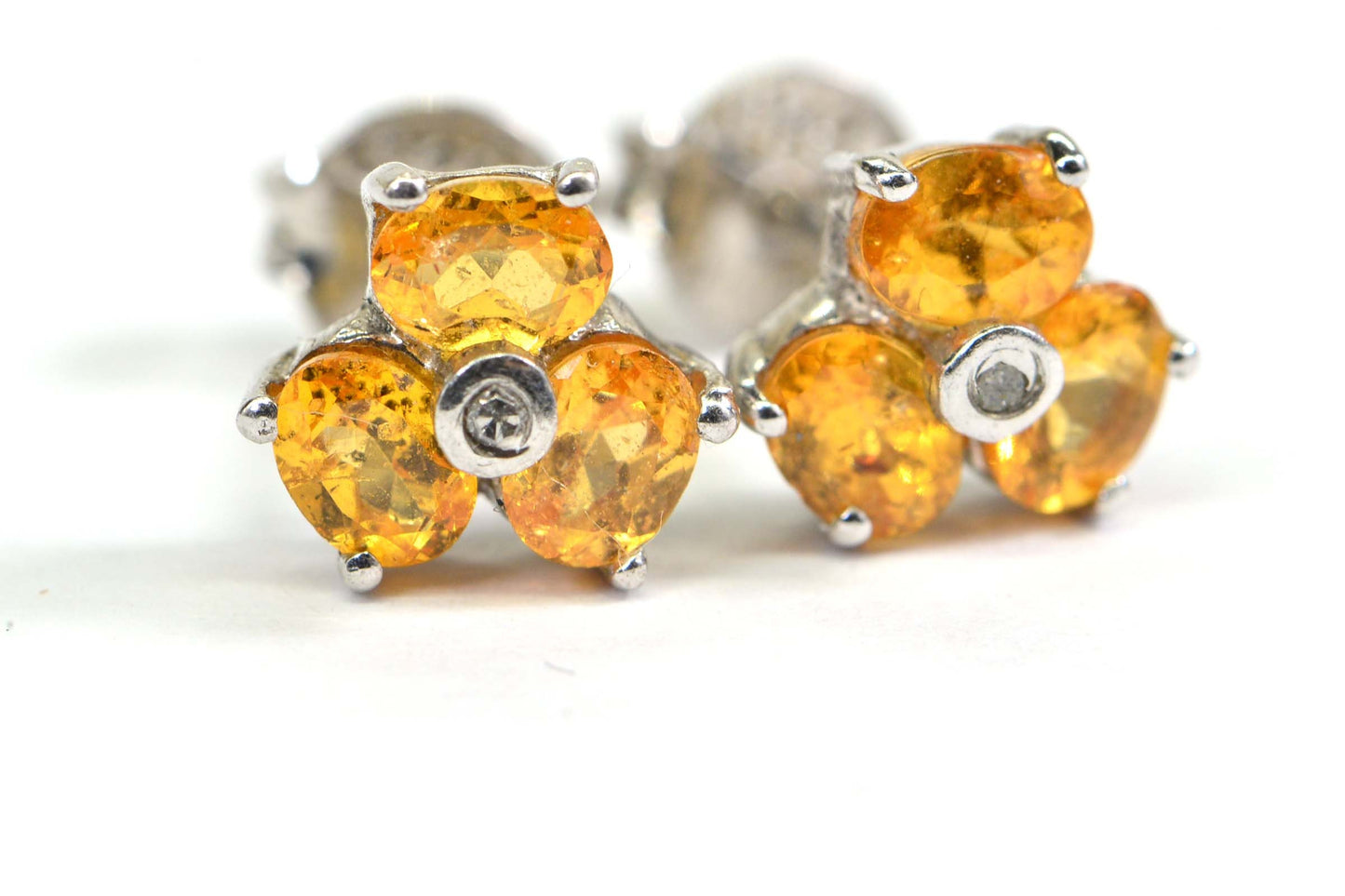 Citrine Diamond Sterling Silver Stud Earrings: Oval Facet Trio Stone