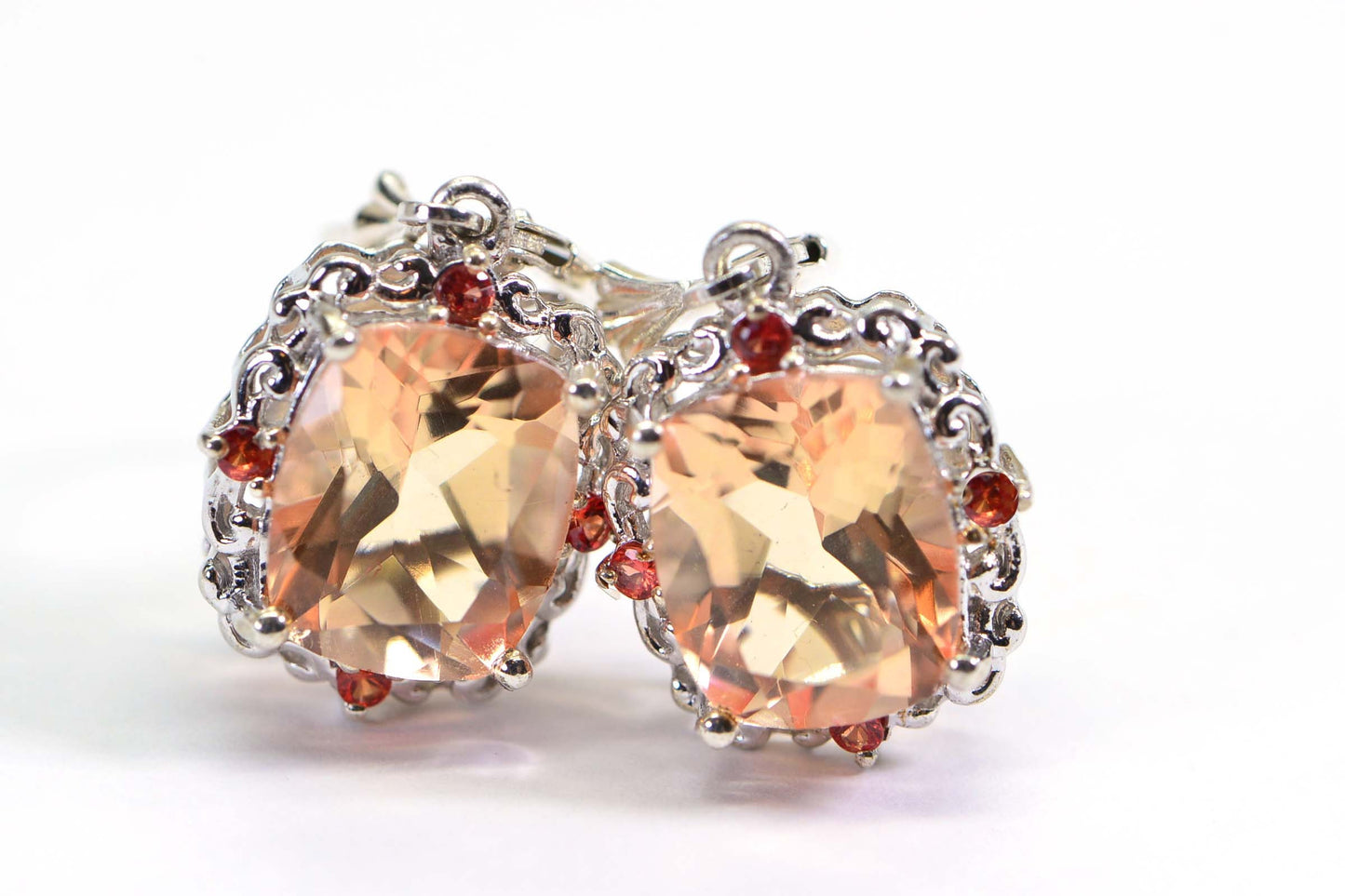 Peach Morganite Earrings, Emerald Cut, Filigree Sterling Silver