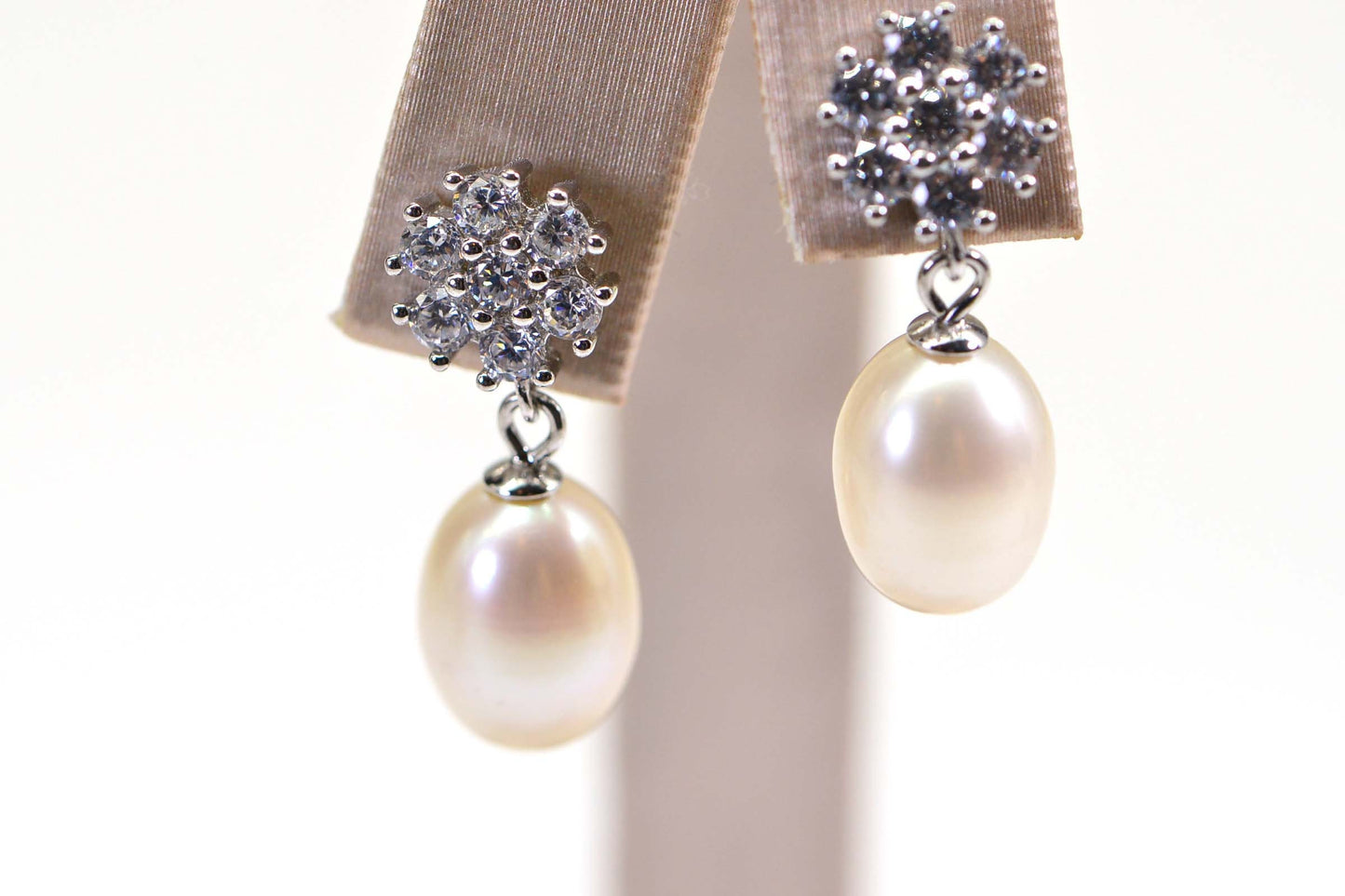 Tahitian White Pearl Dangle Earrings: CZ Flower Studs, 14K White Gold Vermeil