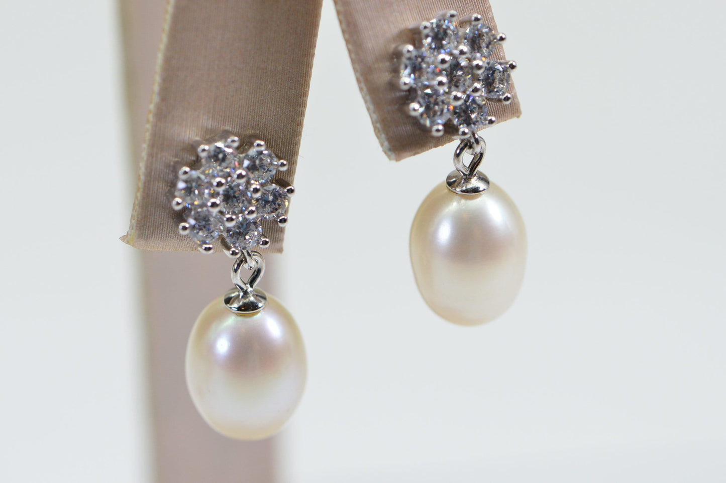 Tahitian White Pearl Dangle Earrings: CZ Flower Studs, 14K White Gold Vermeil