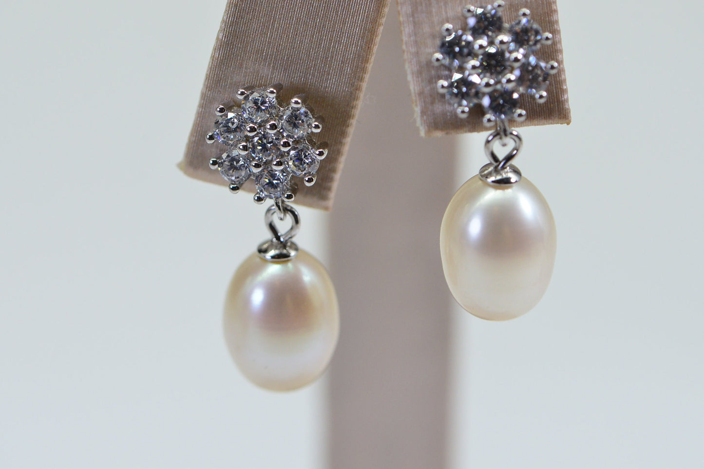 Tahitian White Pearl Dangle Earrings: CZ Flower Studs, 14K White Gold Vermeil