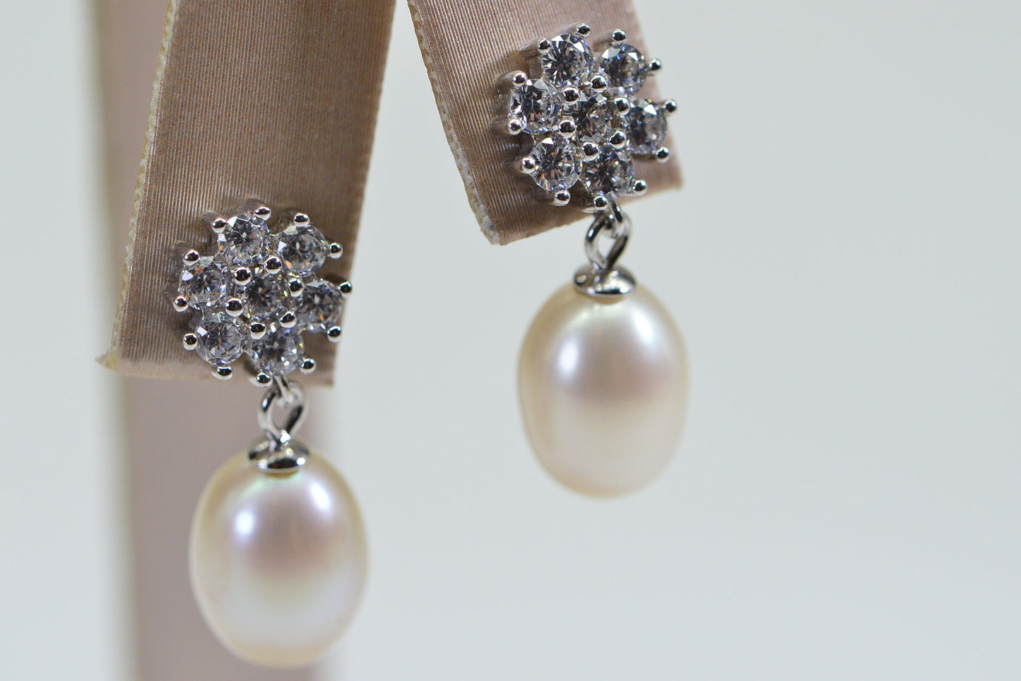 Tahitian White Pearl Dangle Earrings: CZ Flower Studs, 14K White Gold Vermeil
