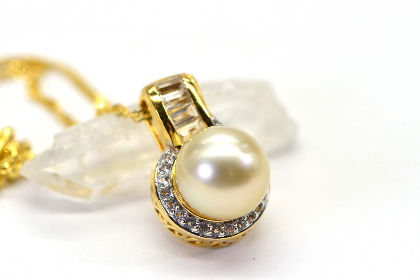 South Sea Golden Pearl Necklace, Halo CZ Pendant, 14K Gold Vermeil