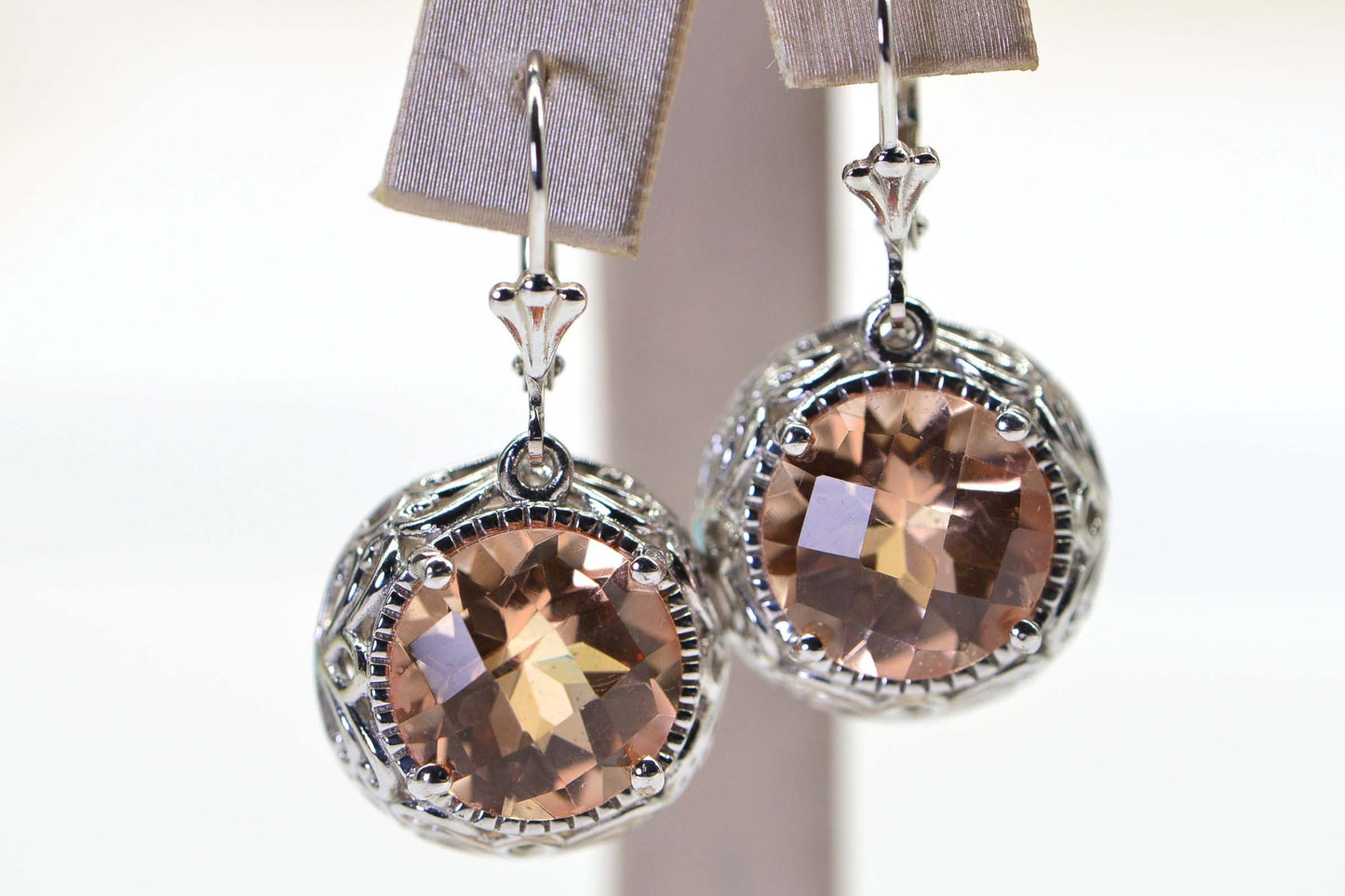 Morganite Large Round Cut Stone  Dangle Earrings in  Sterling Silver Birthstone  Gemstone