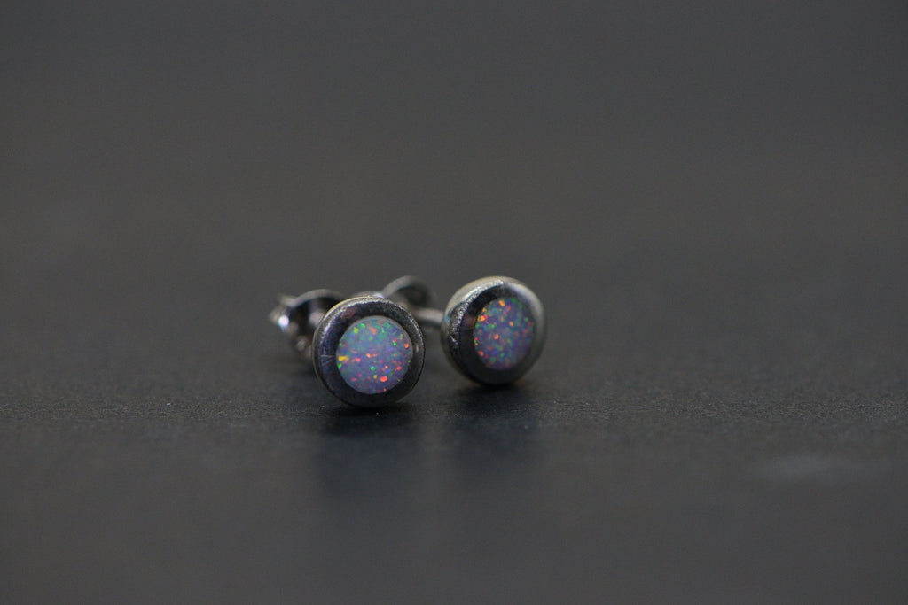 White Opal Earrings Bezel Set Round Sterling Silver Minimalist Everyday Studs Birthstone October Birthday Gift white opal earrings