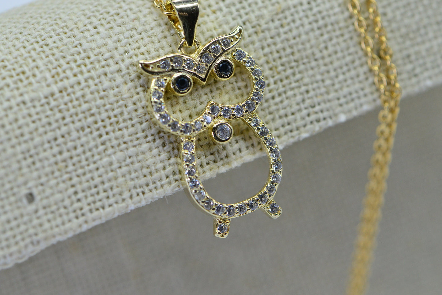 Gold over Sterling Silver Owl Pendant Necklace, Diamond Simulant, Vermeil, Dainty Jewelry