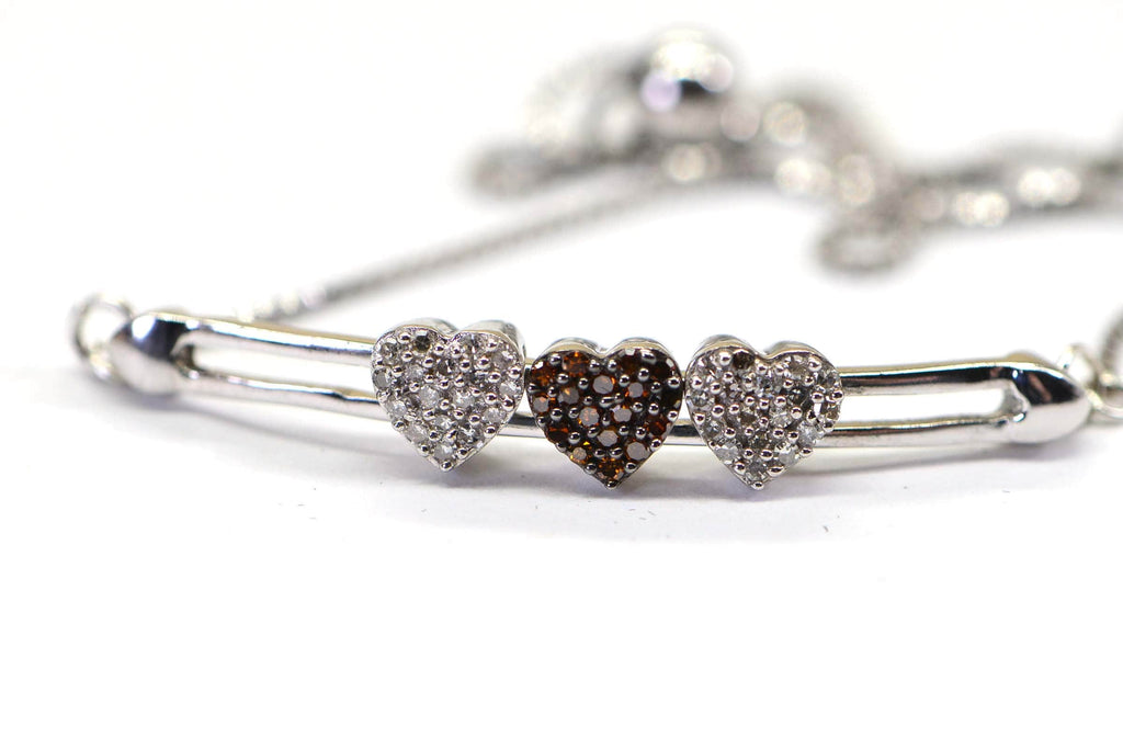 Brown Real Diamond Three Hearts Bar Sterling Silver Bolo  Bracelet