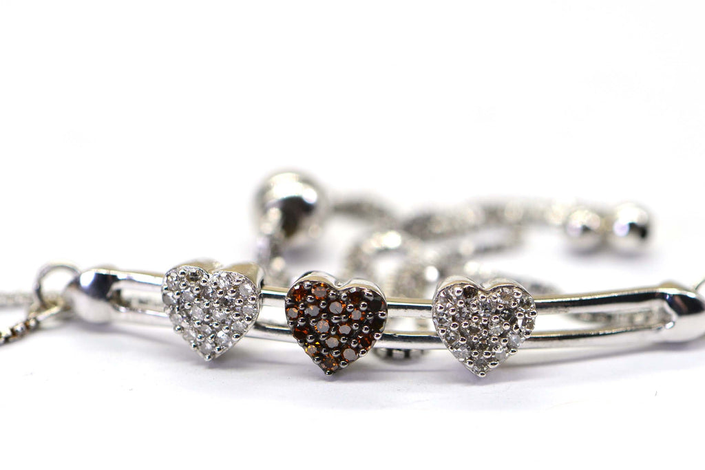 Brown Real Diamond Three Hearts Bar Sterling Silver Bolo  Bracelet