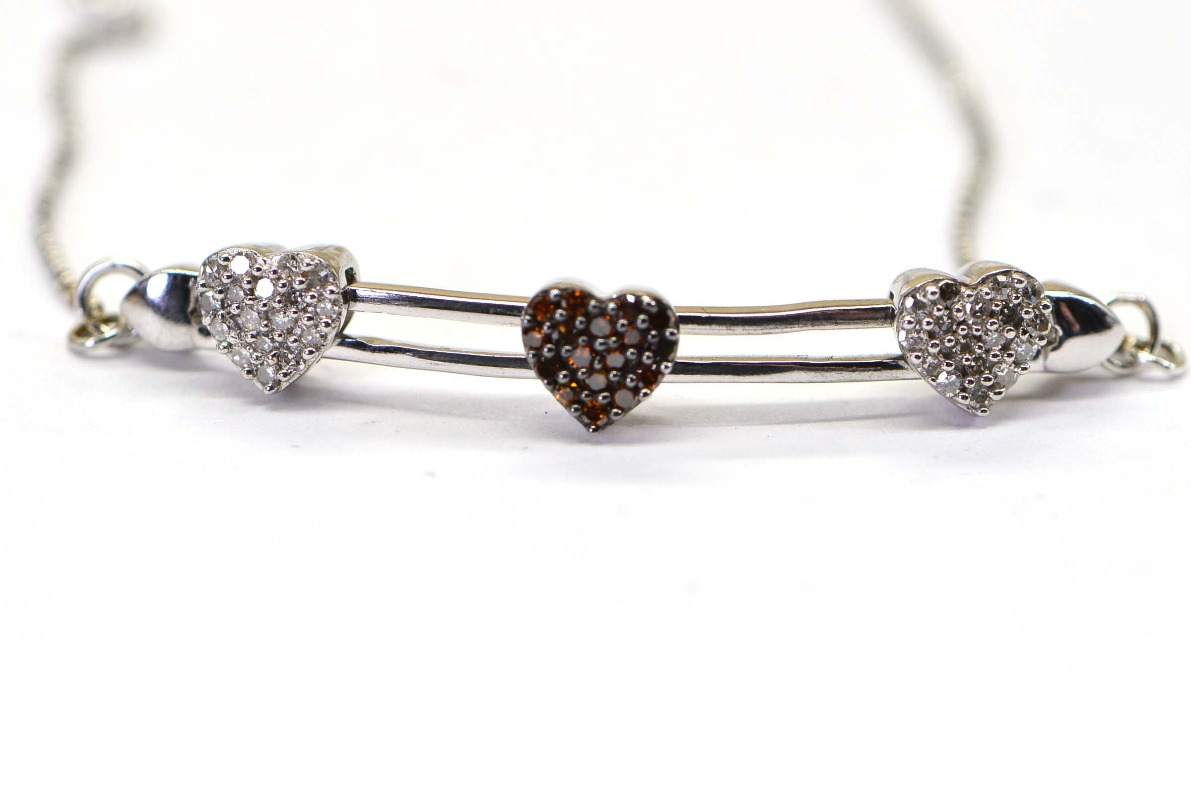 Brown Real Diamond Three Hearts Bar Sterling Silver Bolo  Bracelet