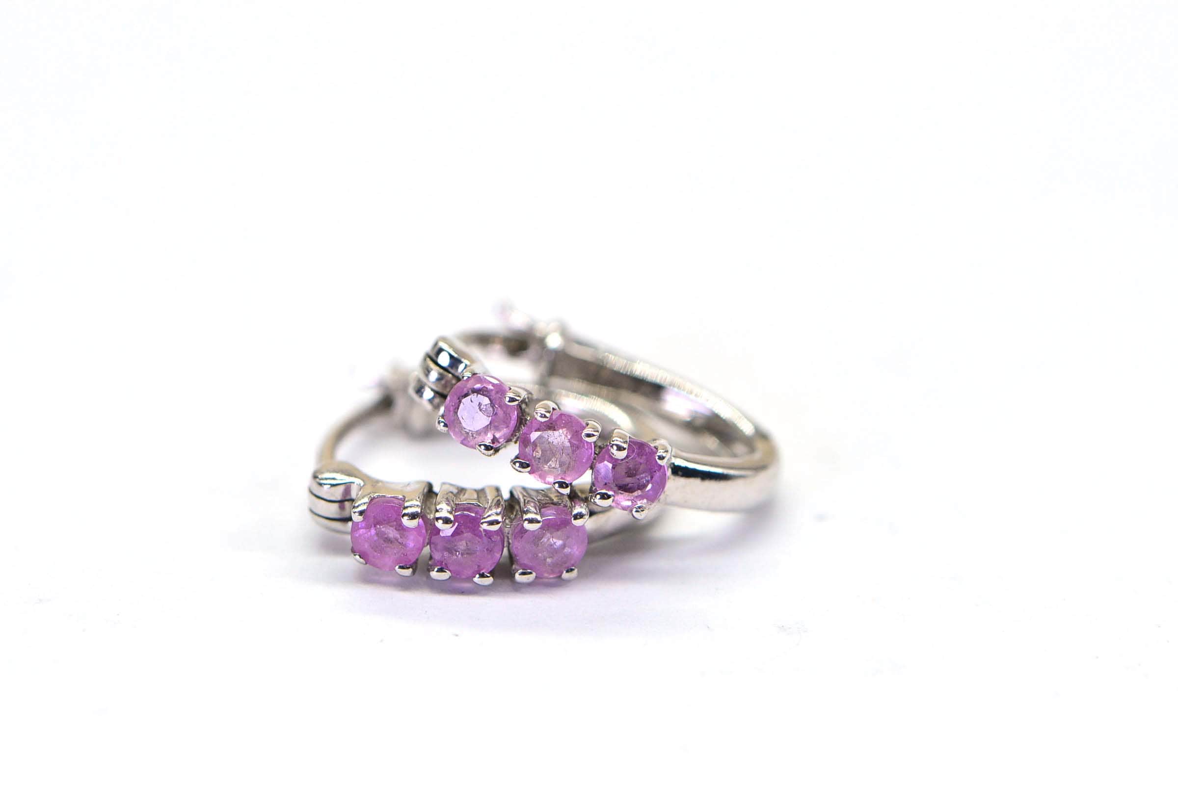 Natural Pink Sapphire Tiny Hoop Three Stone Hinge Earrings Post back