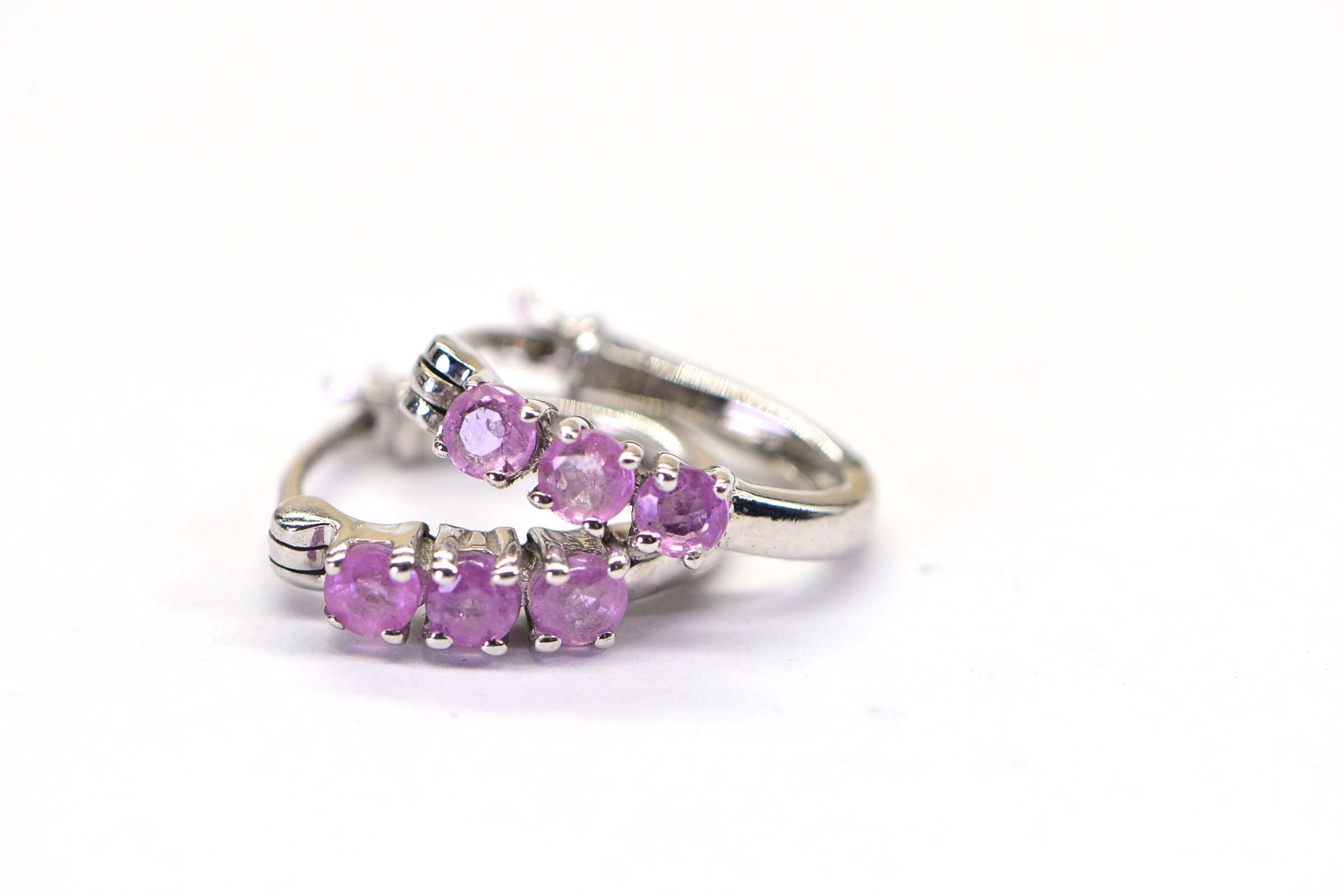 Natural Pink Sapphire Tiny Hoop Three Stone Hinge Earrings Post back