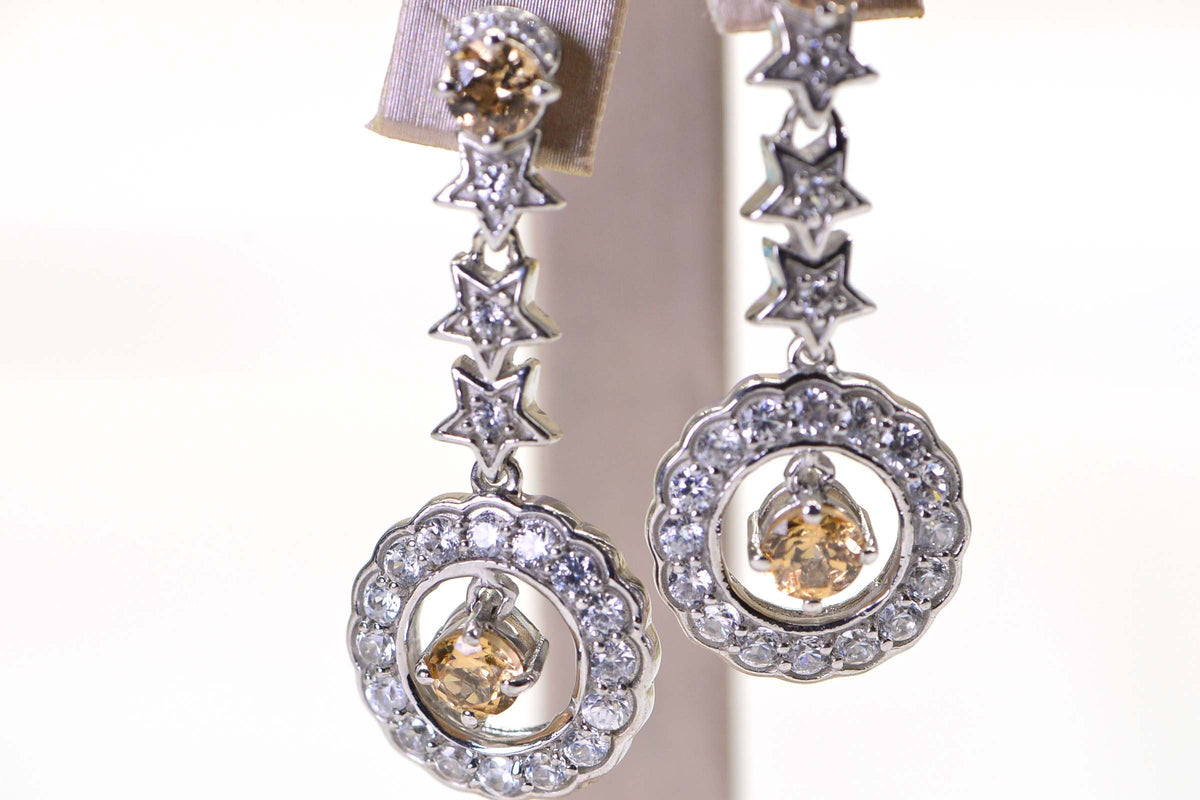 Citrine Star Chandelier Earrings: Sparkly Sterling Silver, 1.5" Long