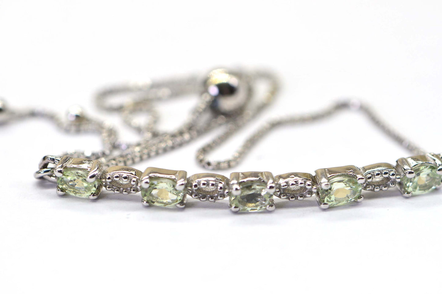 Green Amethyst Bolo Bracelet: Rhodium Over Sterling Silver, Adjustable