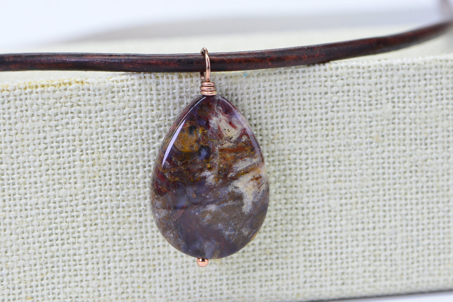 Pietersite Teardrop Pendant Leather Necklace Copper Jewelry Gemstone Necklace