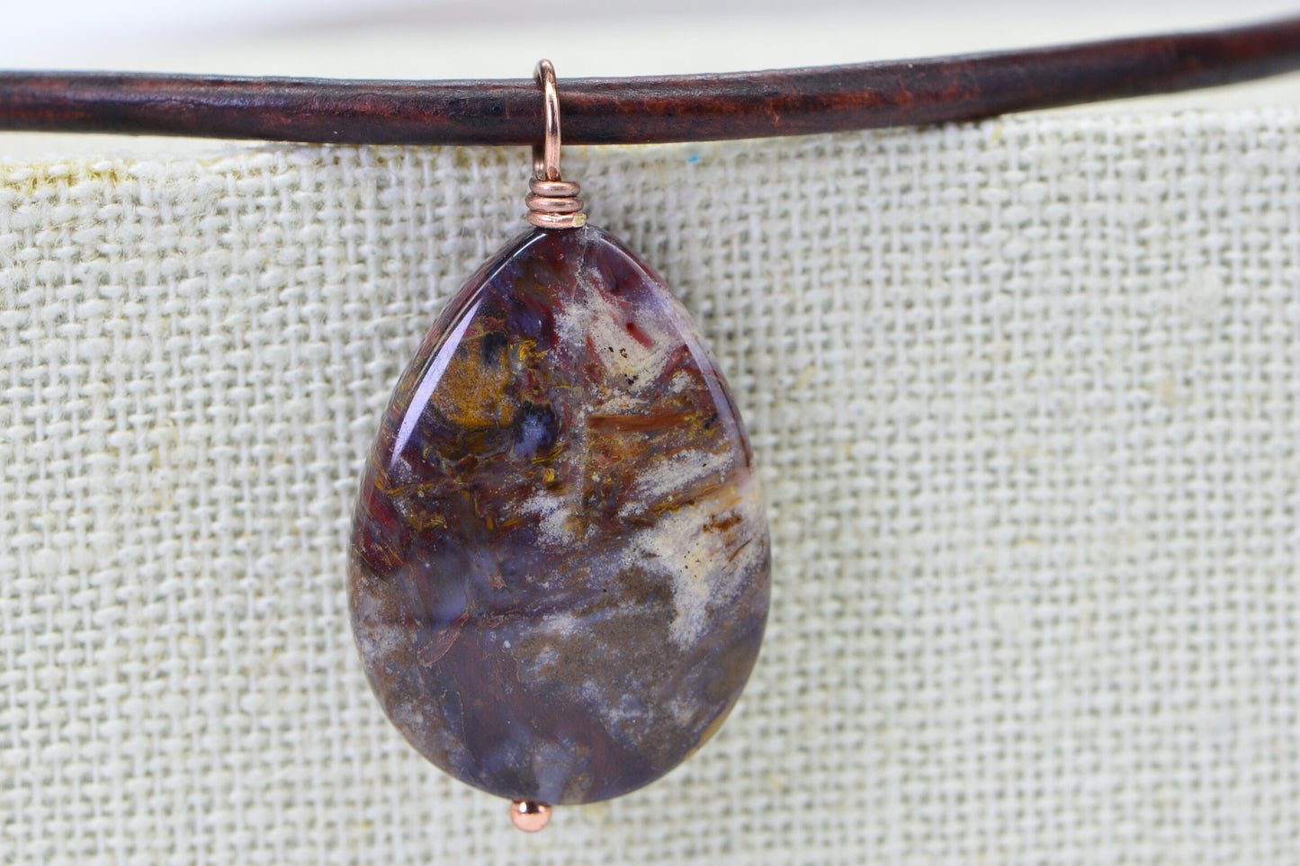 Pietersite Teardrop Pendant Leather Necklace Copper Jewelry Gemstone Necklace