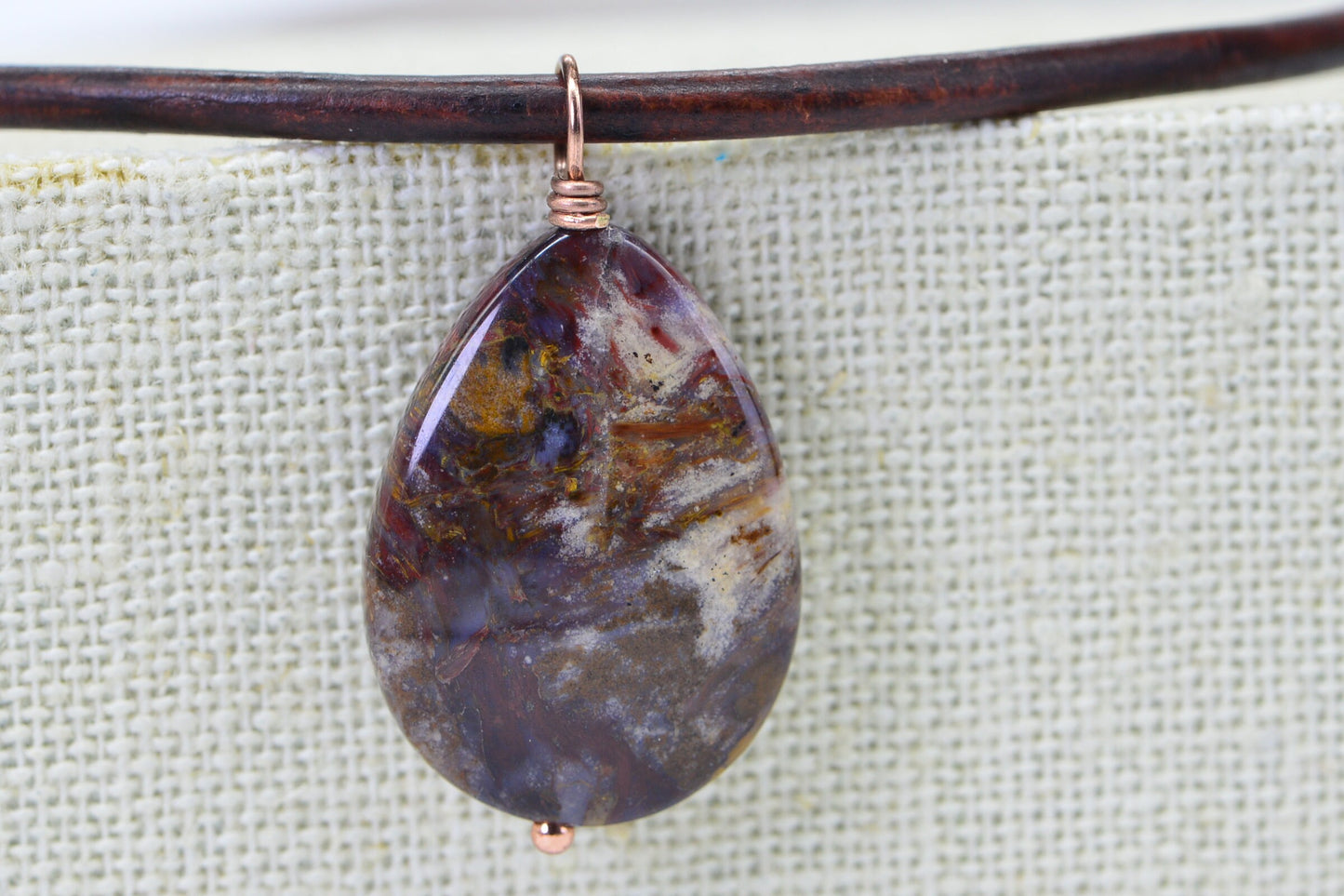 Pietersite Teardrop Pendant Leather Necklace Copper Jewelry Gemstone Necklace