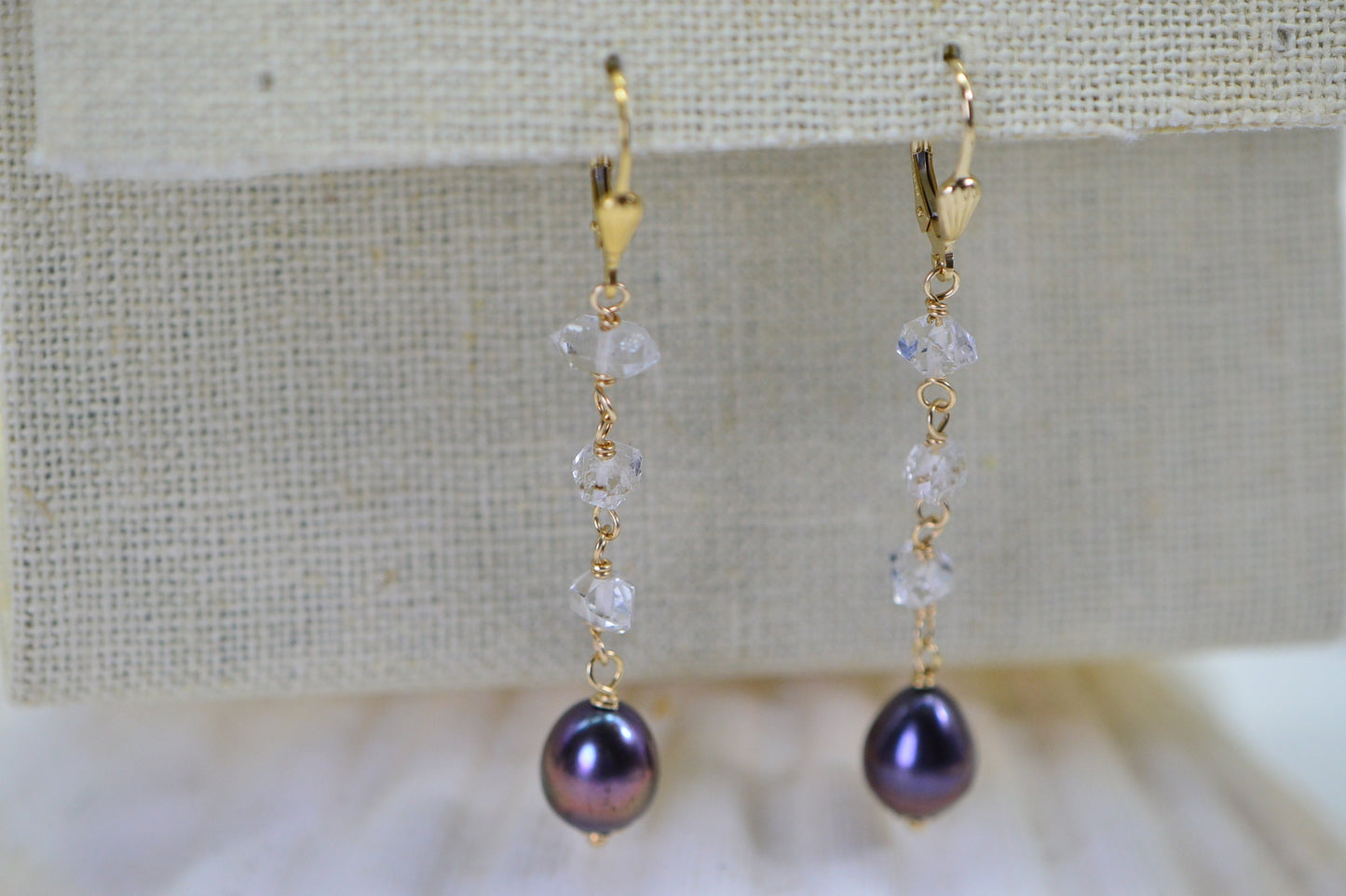 14K Gold Herkimer Diamond & Black Pearl Dangle Earrings