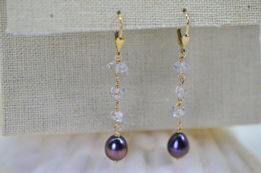 14K Gold Herkimer Diamond & Black Pearl Dangle Earrings