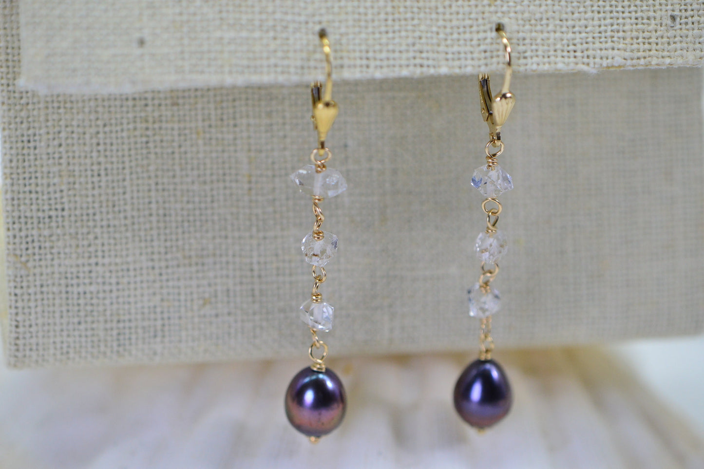 14K Gold Herkimer Diamond & Black Pearl Dangle Earrings