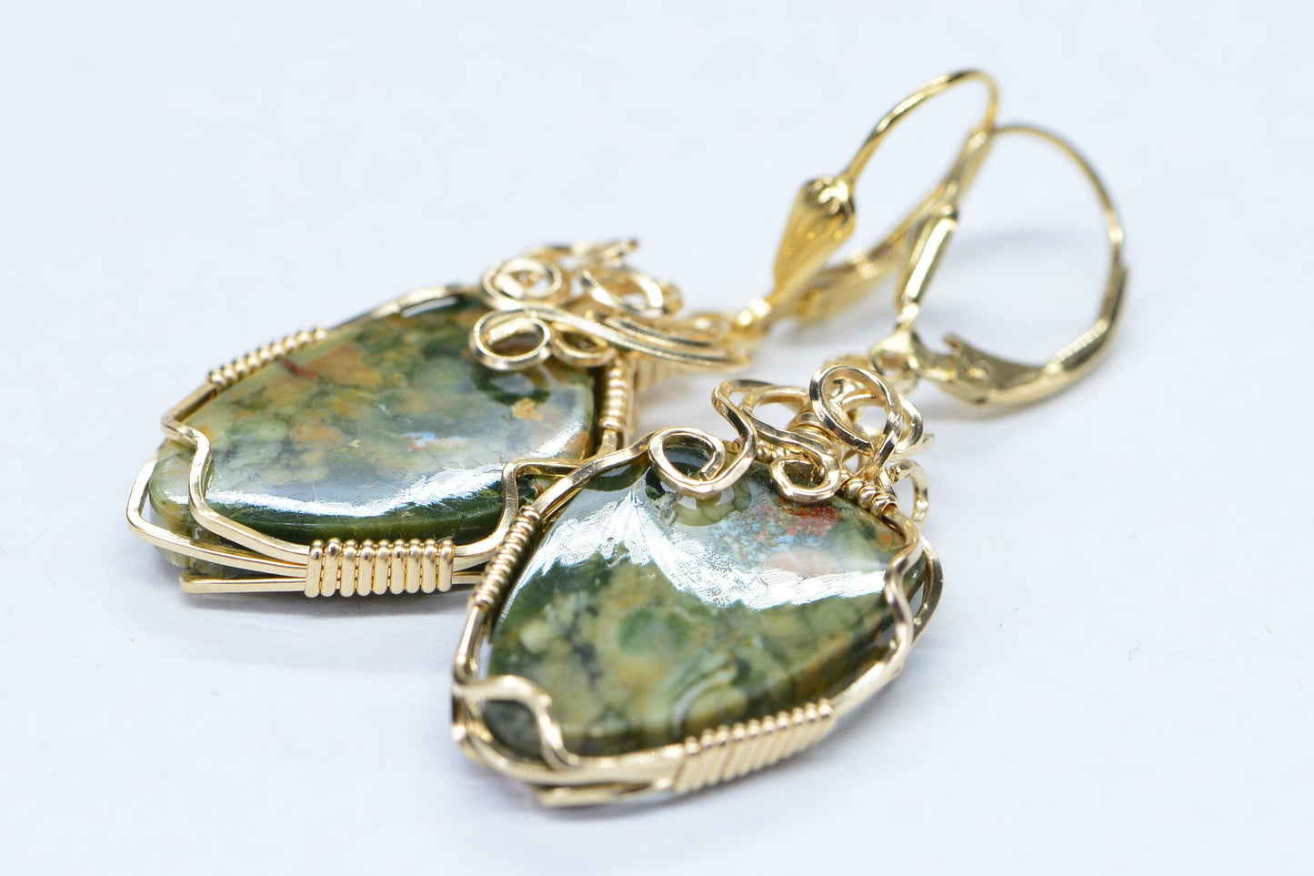 Rainforest Jasper Earrings, 14K Yellow Gold Filled Wire Wrapped Gemstone