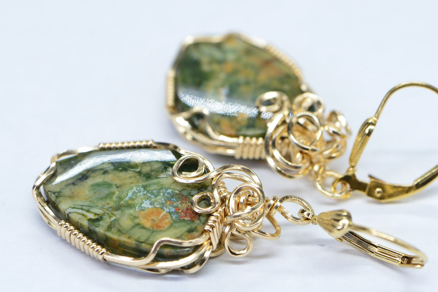 Rainforest Jasper Earrings, 14K Yellow Gold Filled Wire Wrapped Gemstone