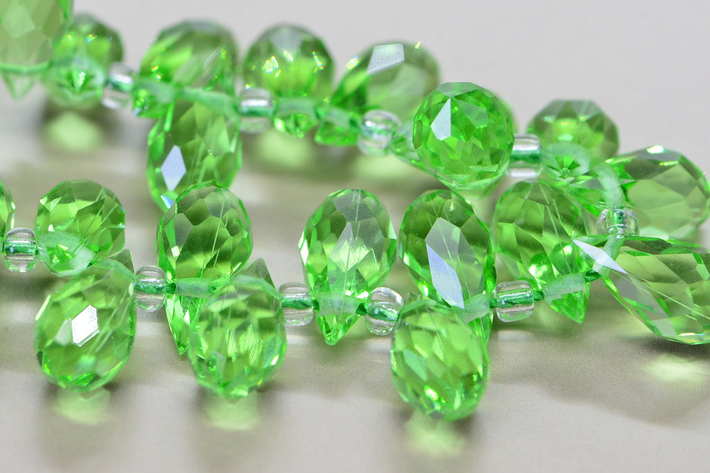 25 Faceted Crystal Glass Briolette Beads - Peridot Green (11.5X 6 mm)