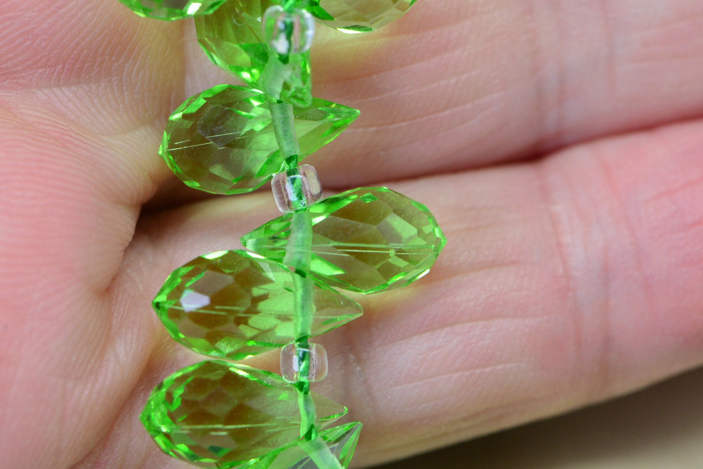25 Faceted Crystal Glass Briolette Beads - Peridot Green (11.5X 6 mm)