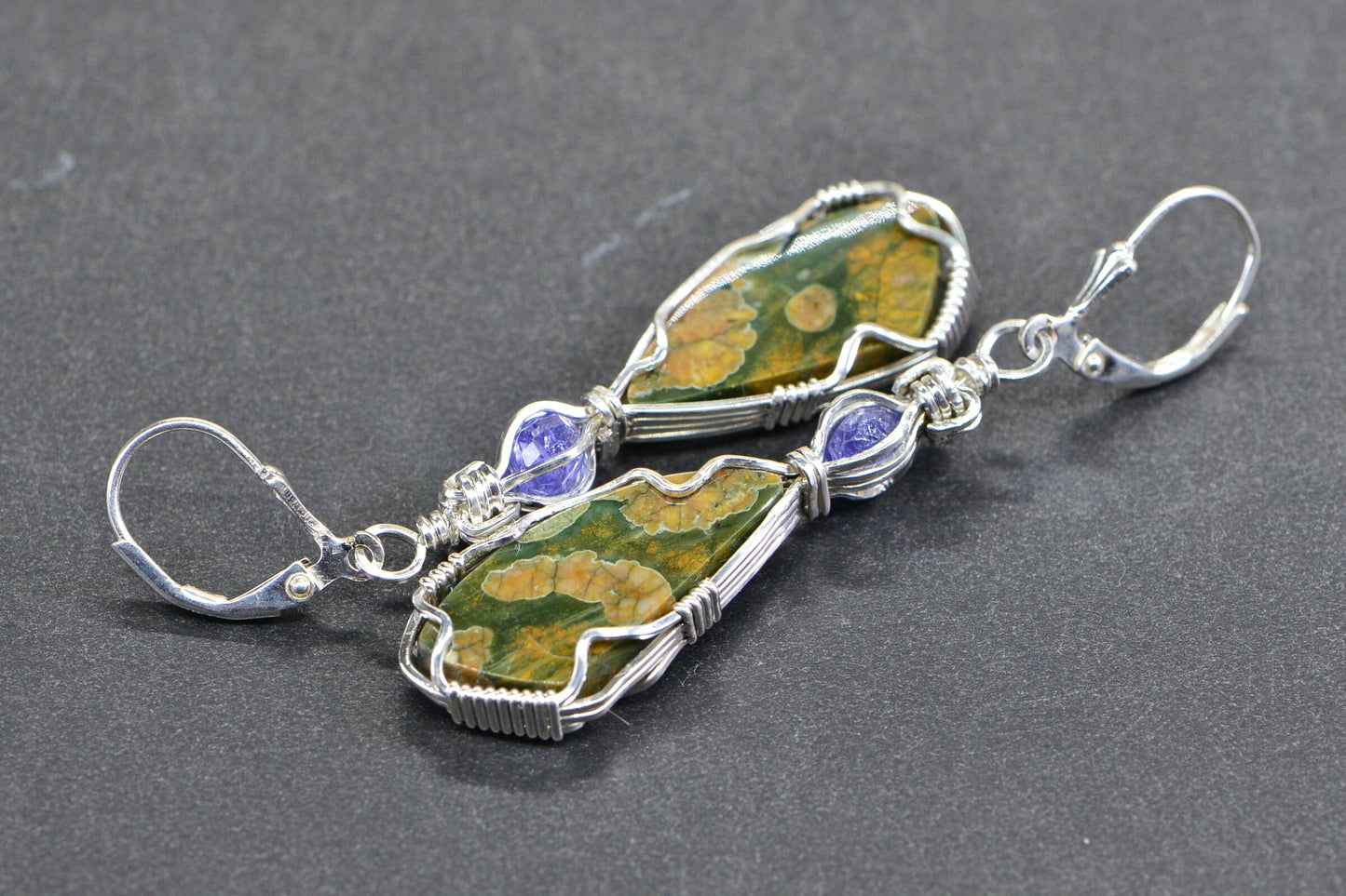 Rainforest Jasper Earrings, Sterling Silver Wire Wrapped with Tanzanite