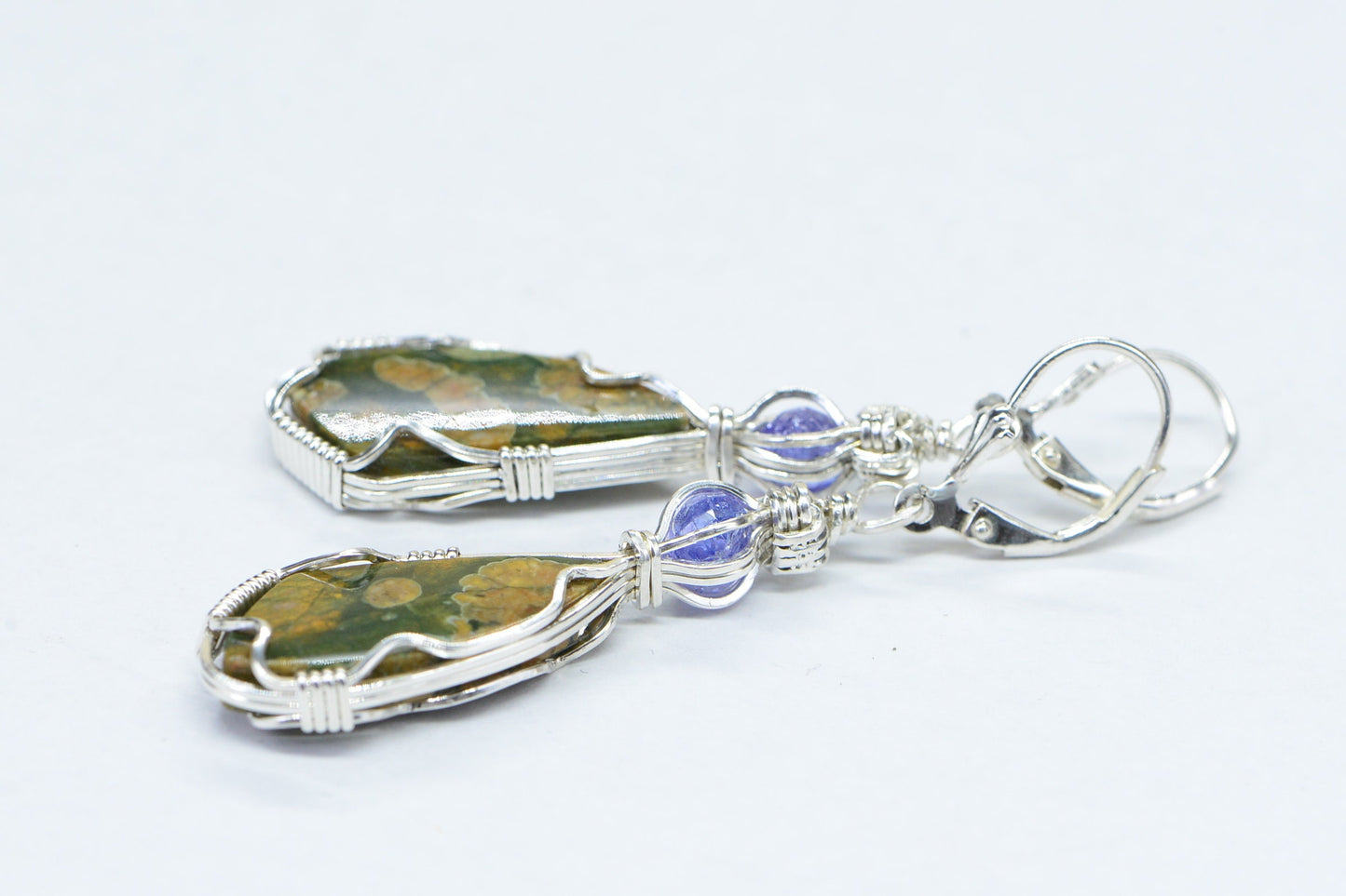 Rainforest Jasper Earrings, Sterling Silver Wire Wrapped with Tanzanite