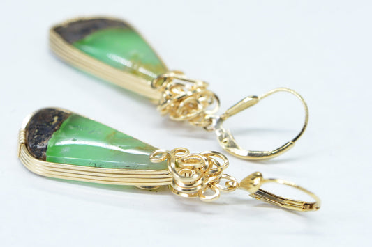 14K Gold Wire Wrapped Chrysoprase Earrings, Australian Teardrop Gemstone