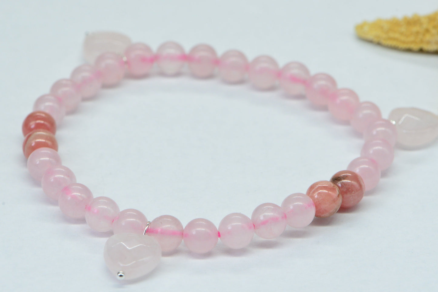 Rose Quartz Rhodochrosite Bracelet: Pink Gemstone Stretch Bracelet with Heart Charms