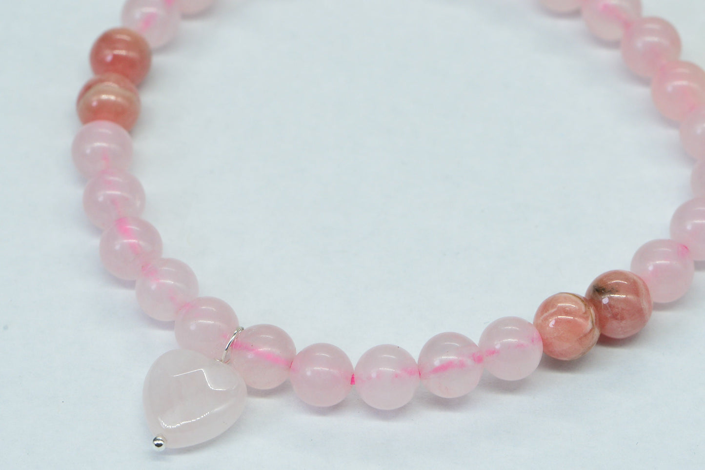 Rose Quartz Rhodochrosite Bracelet: Pink Gemstone Stretch Bracelet with Heart Charms