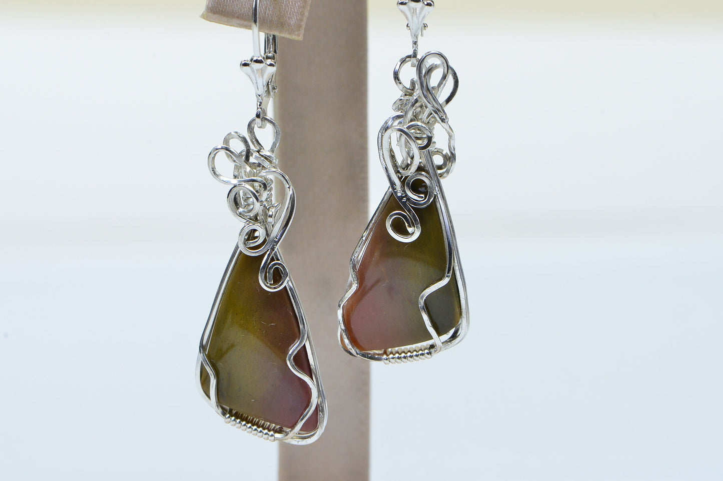 Imperial Jasper Sterling Silver Earrings, Wire Wrapped Teardrop Jewelry