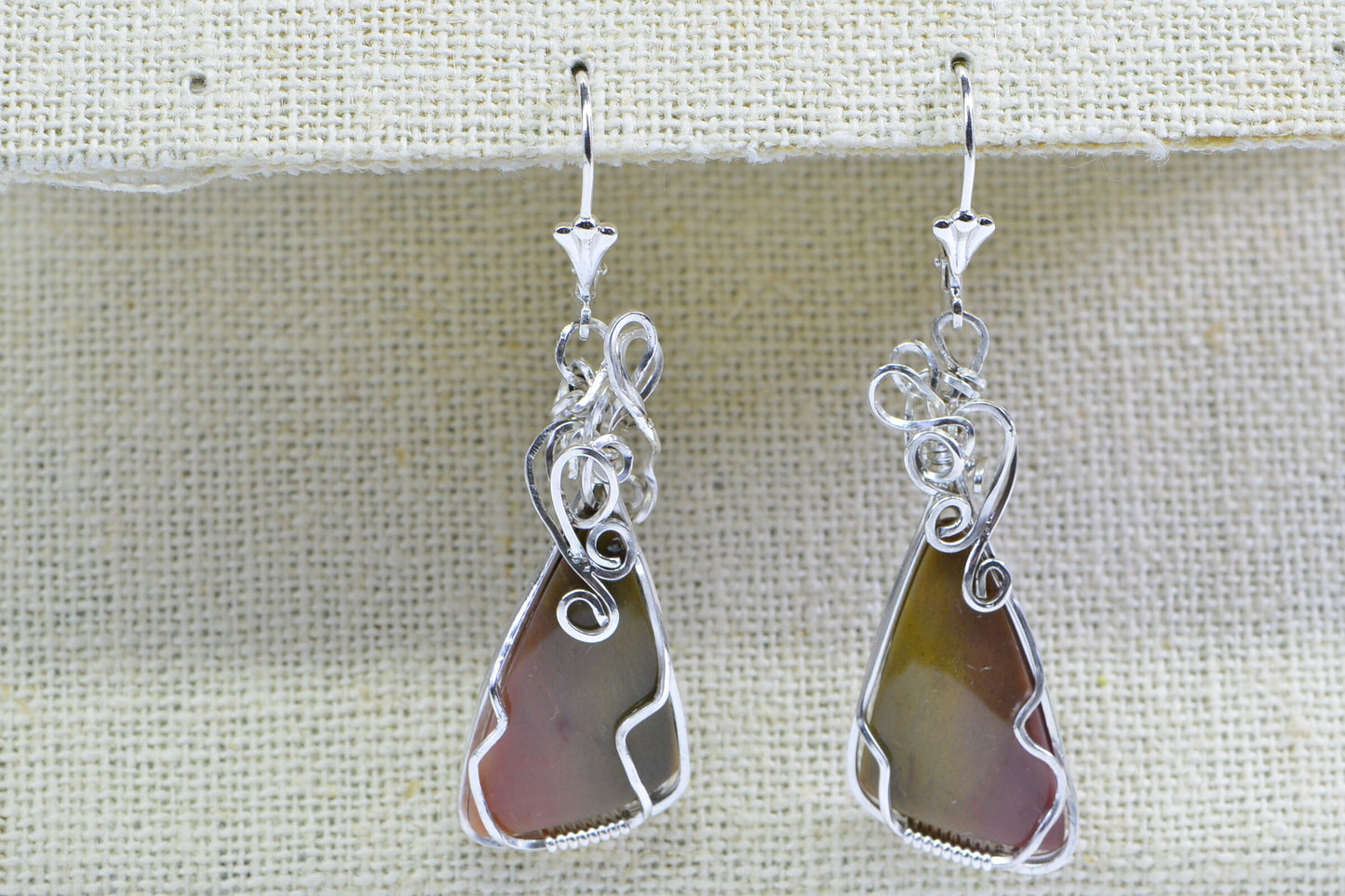 Imperial Jasper Sterling Silver Earrings, Wire Wrapped Teardrop Jewelry
