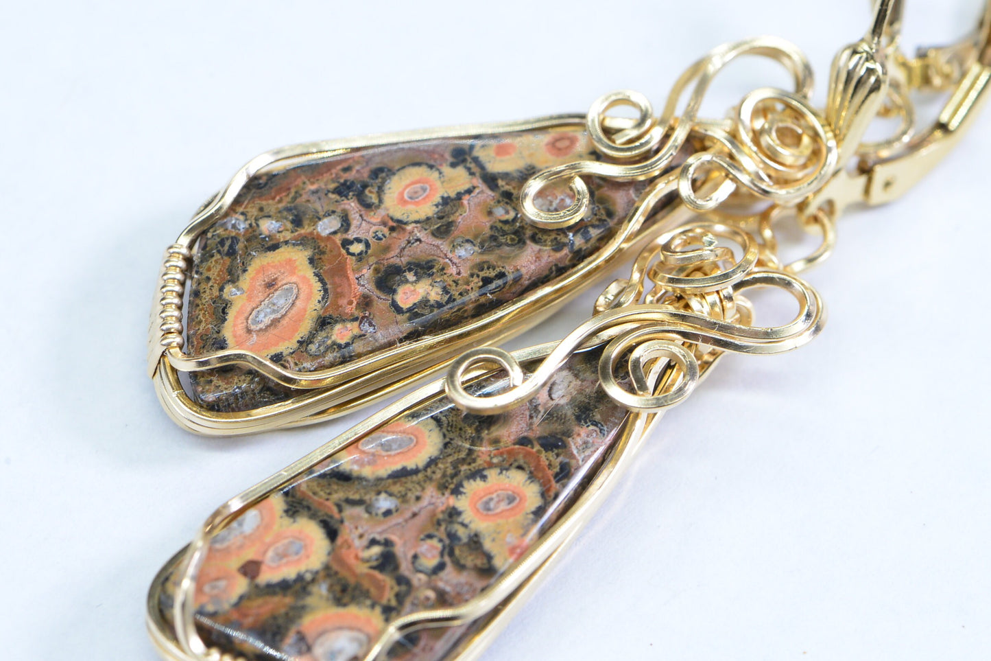 Leopard Skin Jasper Wire Wrapped 14K Yellow Gold Filled Sculpture Wire Art Earrings