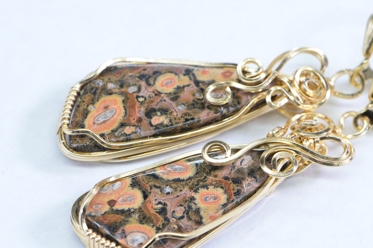 Leopard Skin Jasper Wire Wrapped 14K Yellow Gold Filled Sculpture Wire Art Earrings