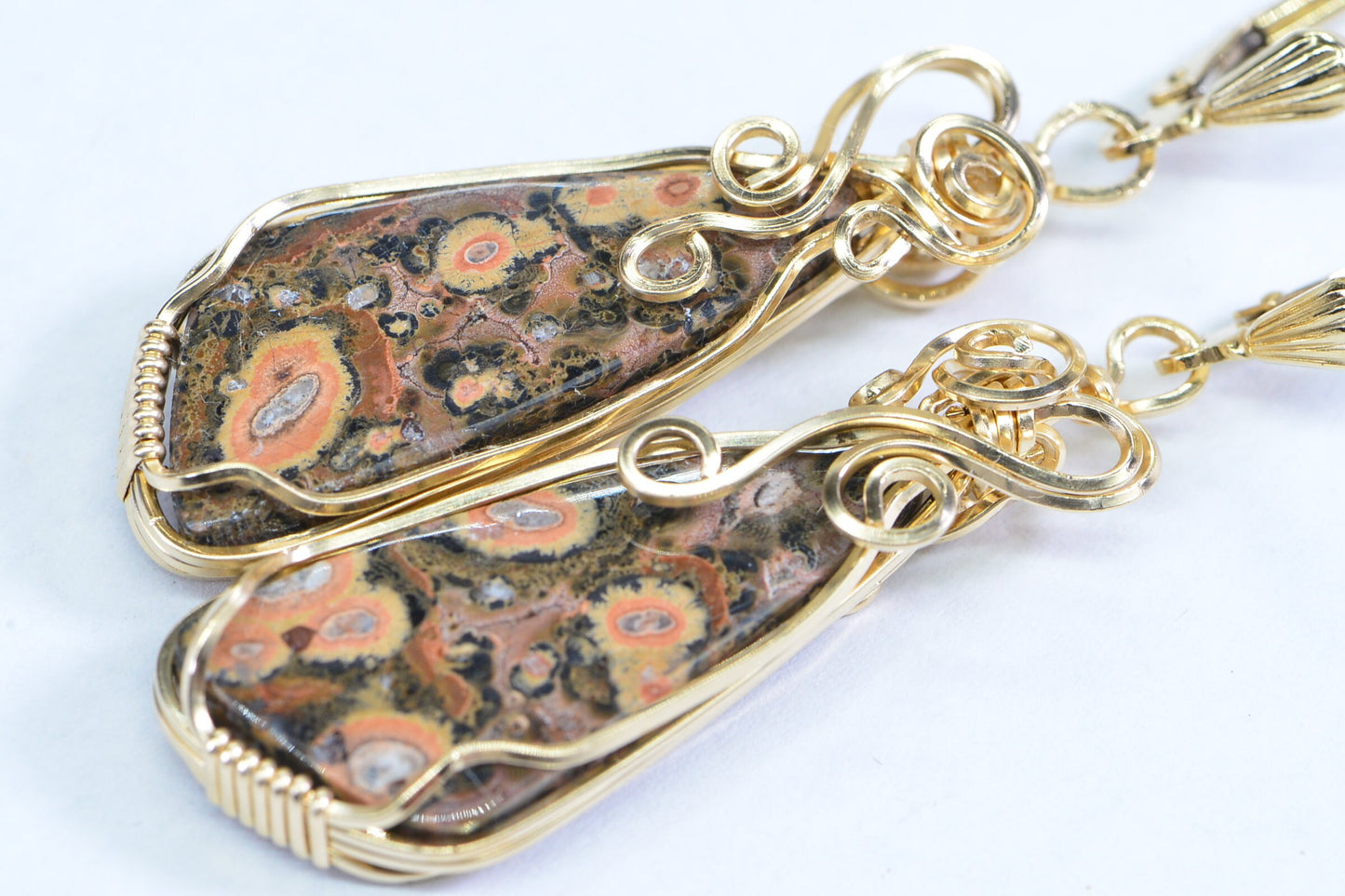 Leopard Skin Jasper Wire Wrapped 14K Yellow Gold Filled Sculpture Wire Art Earrings