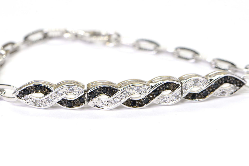 Black and White  Diamond Infinity Knot Chain Sterling Silver Bracelet