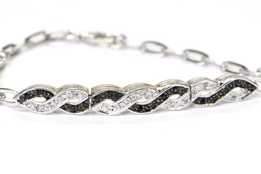 Black and White  Diamond Infinity Knot Chain Sterling Silver Bracelet