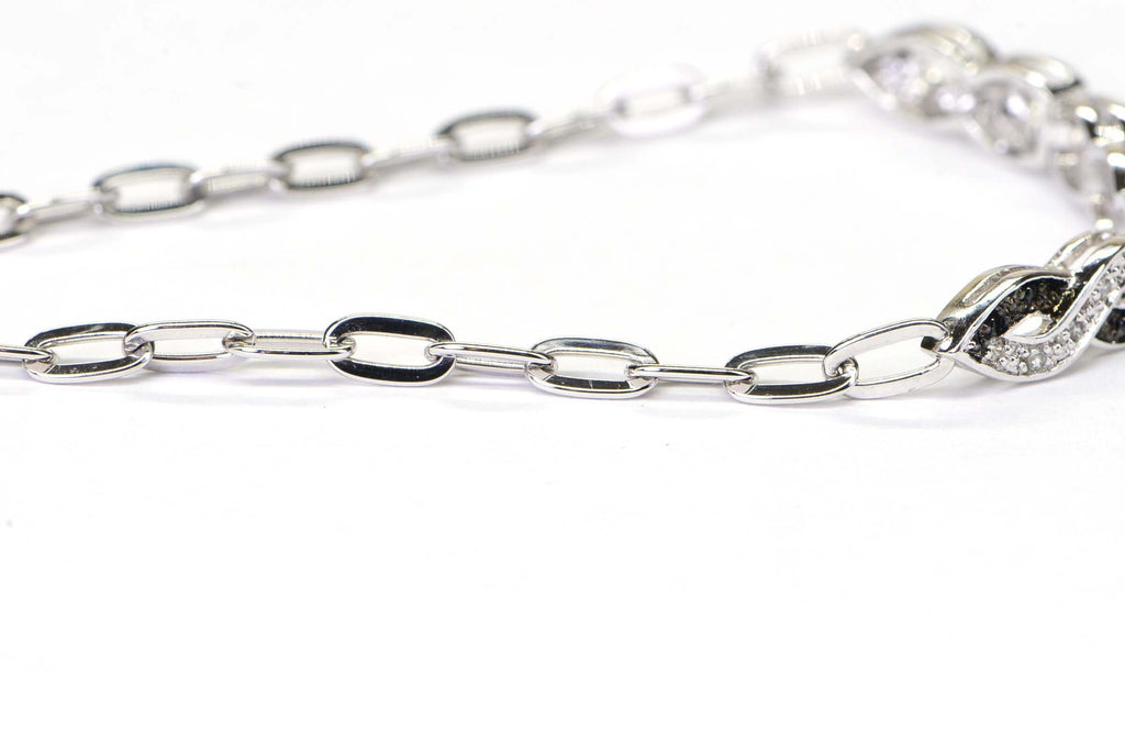 Black and White  Diamond Infinity Knot Chain Sterling Silver Bracelet