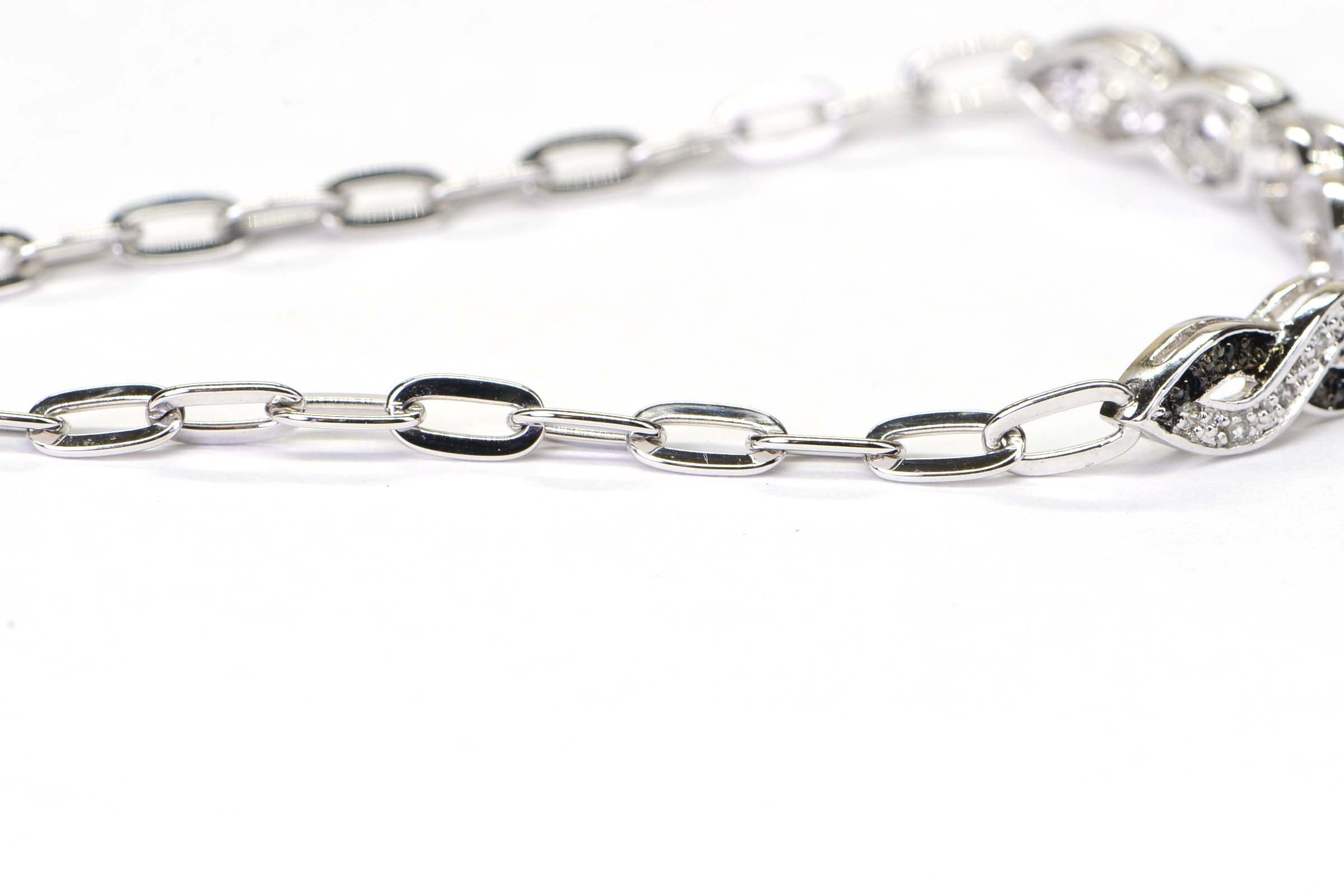 Black and White  Diamond Infinity Knot Chain Sterling Silver Bracelet