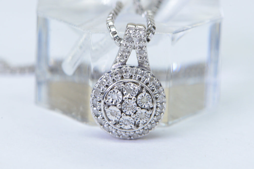 Small Diamond Cluster Pendant: Sterling Silver Estate Jewelry